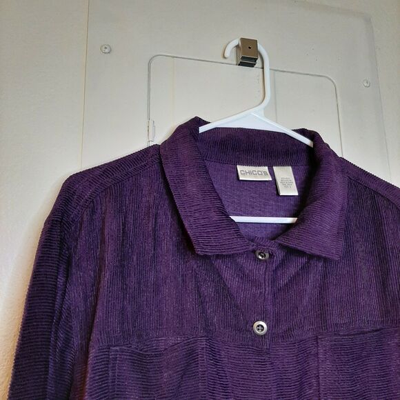 Chicos Shirt Jacket Purple Women Size 3 Button Up Shacket Ribbed Silk Blend LS - Picture 7 of 10
